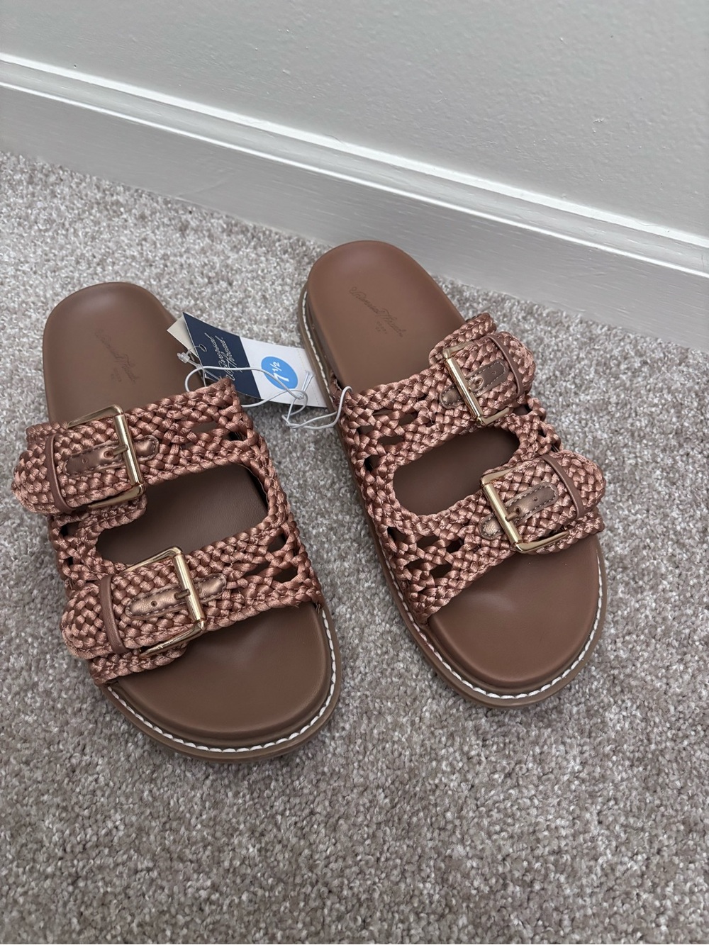 Woven Double-Buckle Slide Sandals